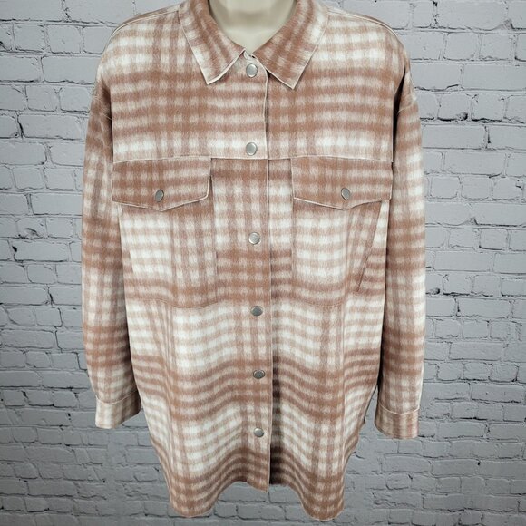 Zara Tan Check Oversized Boxy Snap Up Shacket Lightweight Jacket Size Medium M - Picture 1 of 16